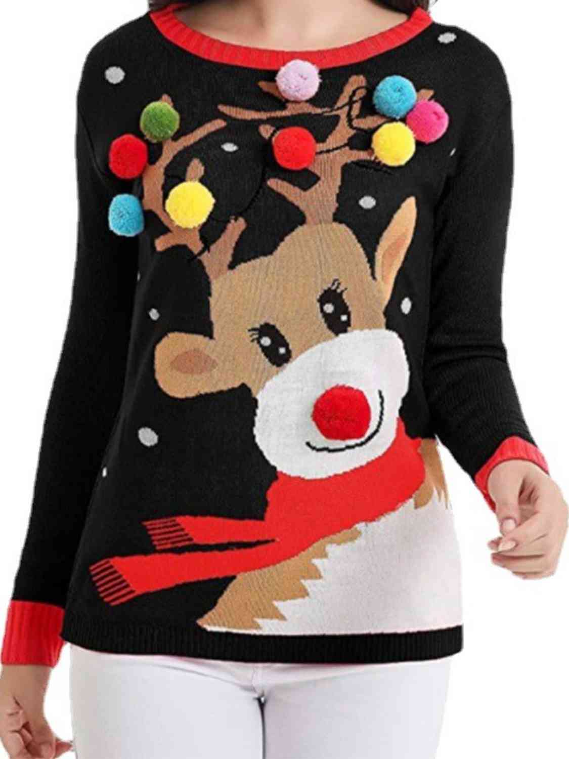 .Ugly Rudolph Pom-Pom Christmas Sweater