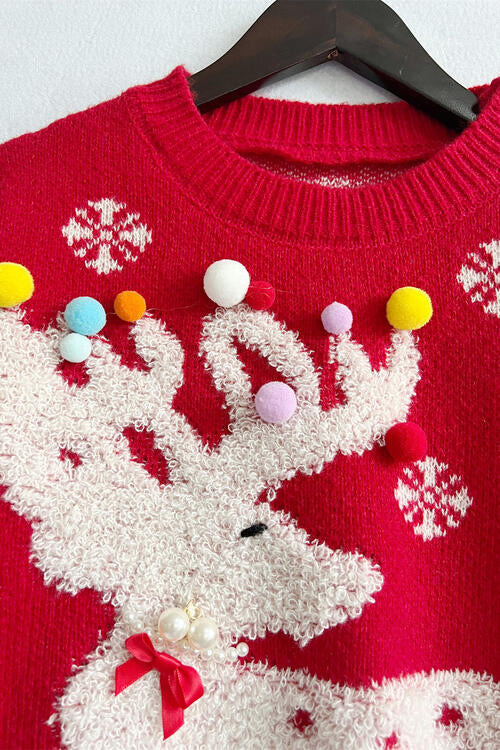 .Ugly Pompon Giant Reindeer Christmas Sweater