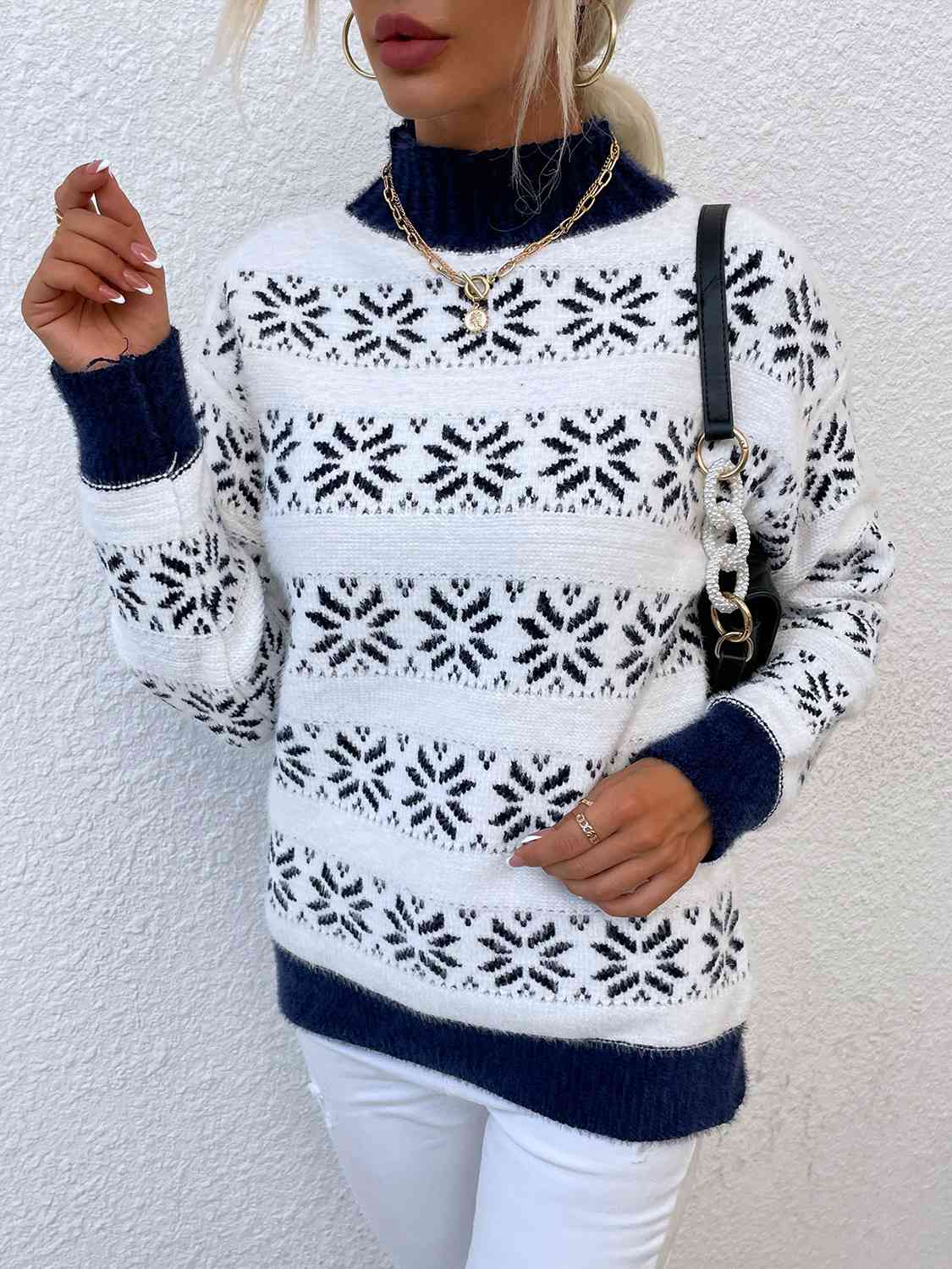 Snowflake Pattern Mock Neck Sweater