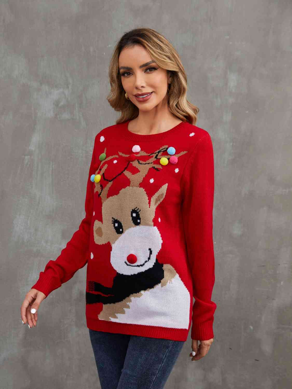 .Ugly Rudolph Pom-Pom Christmas Sweater