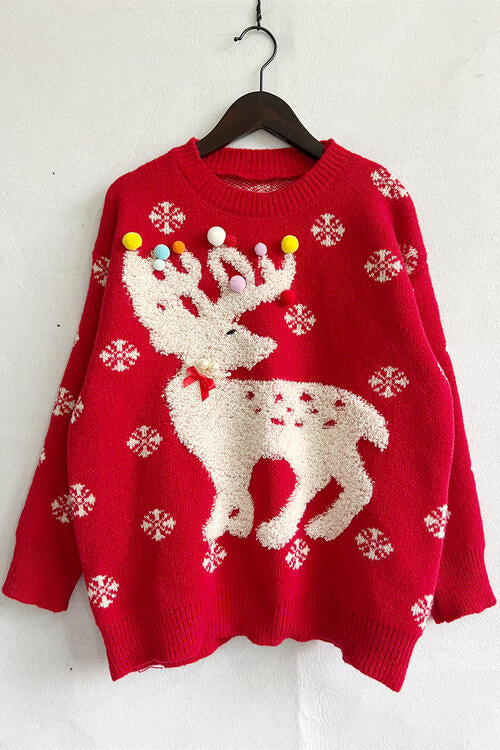 .Ugly Pompon Giant Reindeer Christmas Sweater