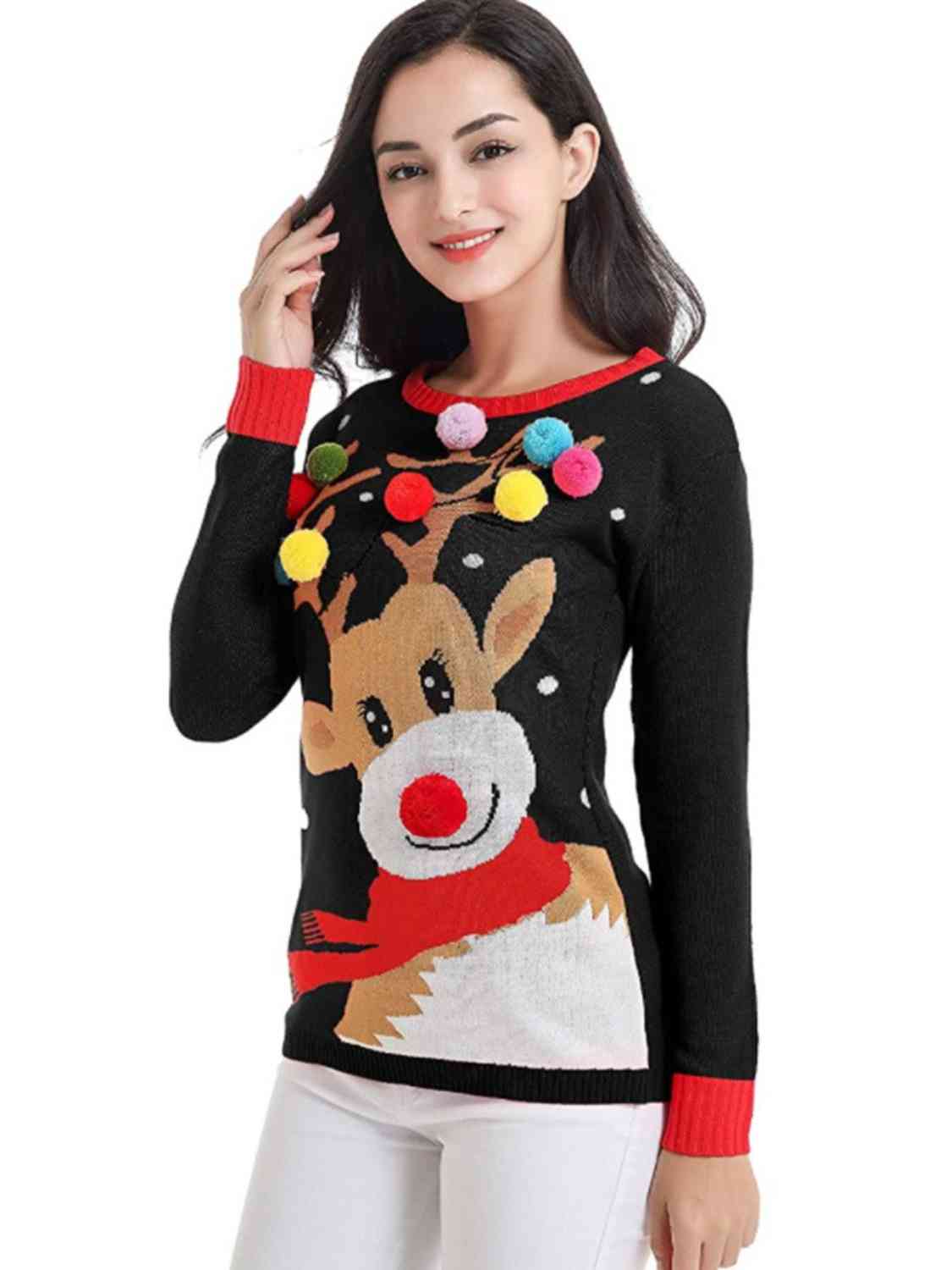 .Ugly Rudolph Pom-Pom Christmas Sweater