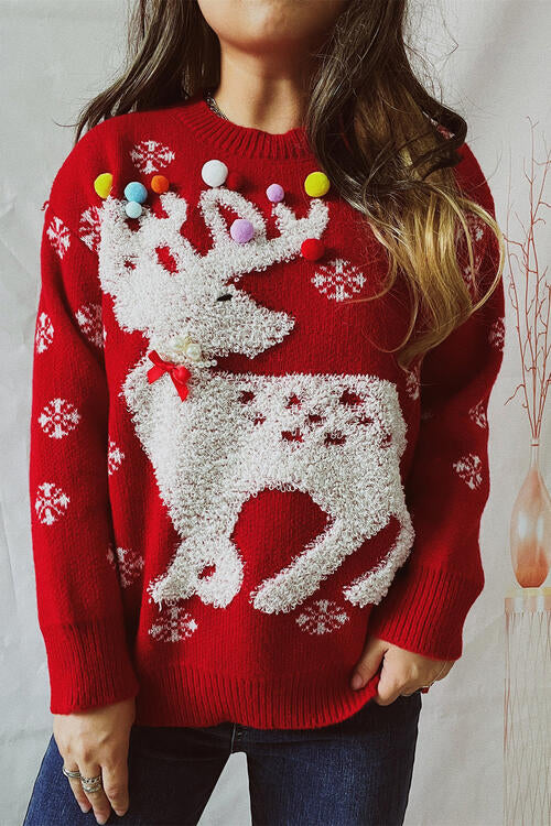 .Ugly Pompon Giant Reindeer Christmas Sweater