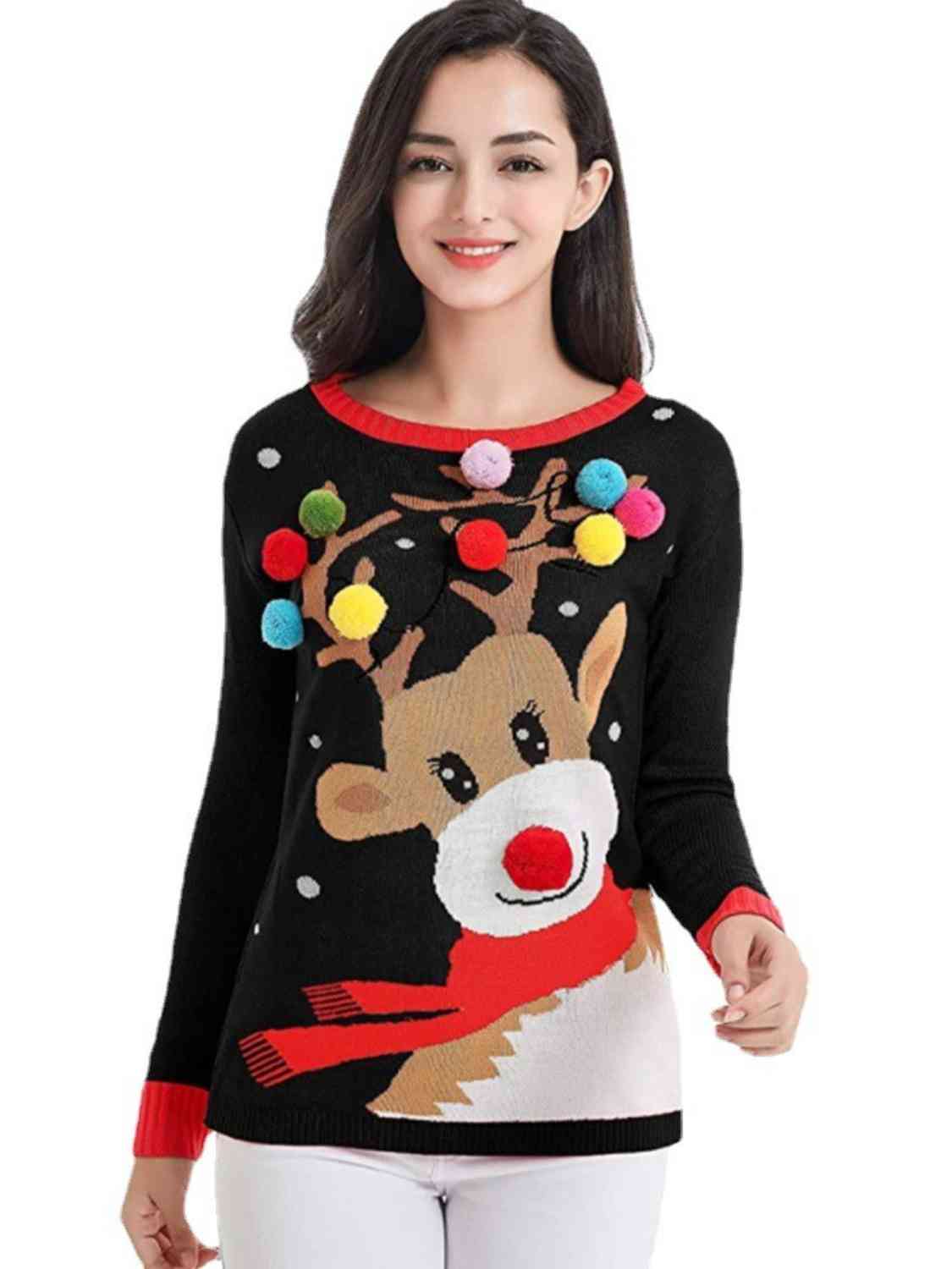 .Ugly Rudolph Pom-Pom Christmas Sweater